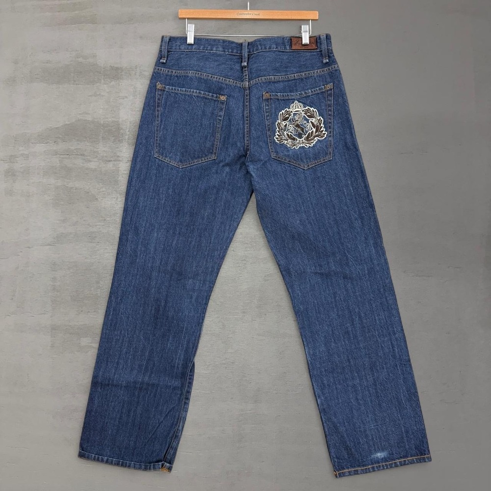 Y2K Sean John Jeans Blue Embroidered Crest Lion Crown‎ Baggy Wide Leg 36